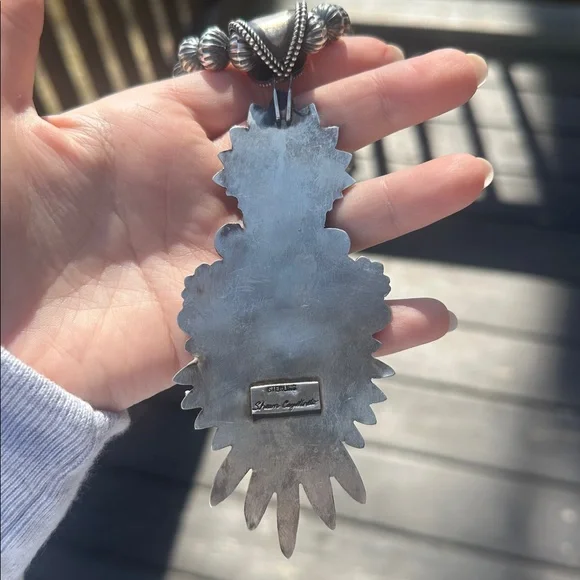 Navajo Shawn Cayatineto High Grade Kingman Turquoise & Sterling Silver Pendant - Picture 7 of 12